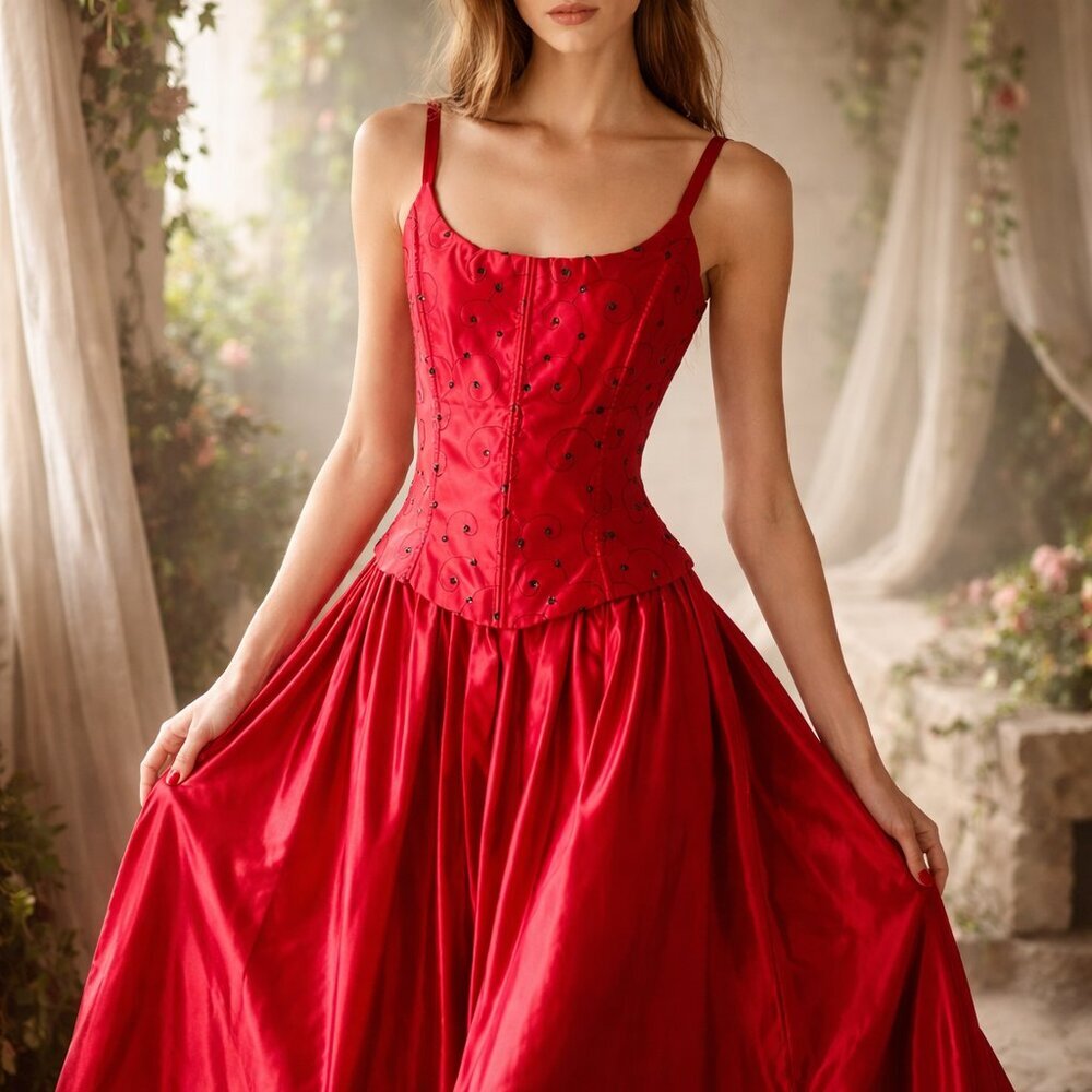 Jessica McClintock Ball Gown Vintage 90s Red Satin Corset Formal Prom 9/10 Small